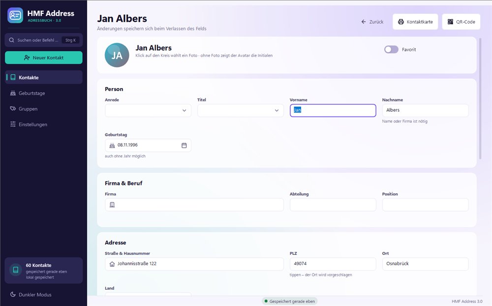 Kontakt bearbeiten: Abschnitte für Person, Firma, Adresse, Kontaktwege, Gruppen und Notizen