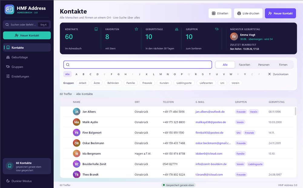 HMF Address mit der Kontaktliste: Suche, Filter, Gruppen und Kennzahlen