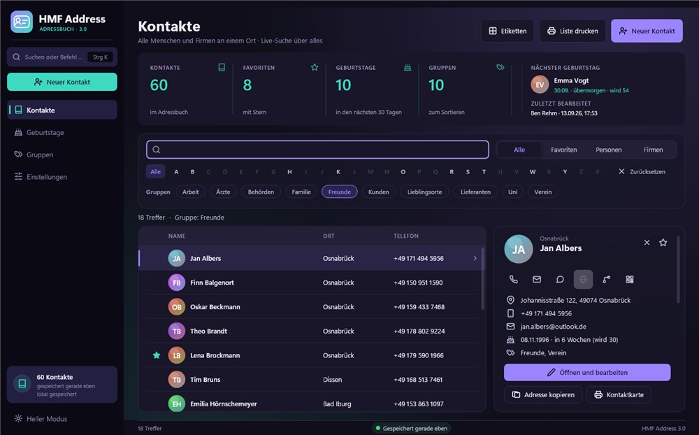 HMF Address mit der Kontaktliste: Suche, Filter, Gruppen und Kennzahlen